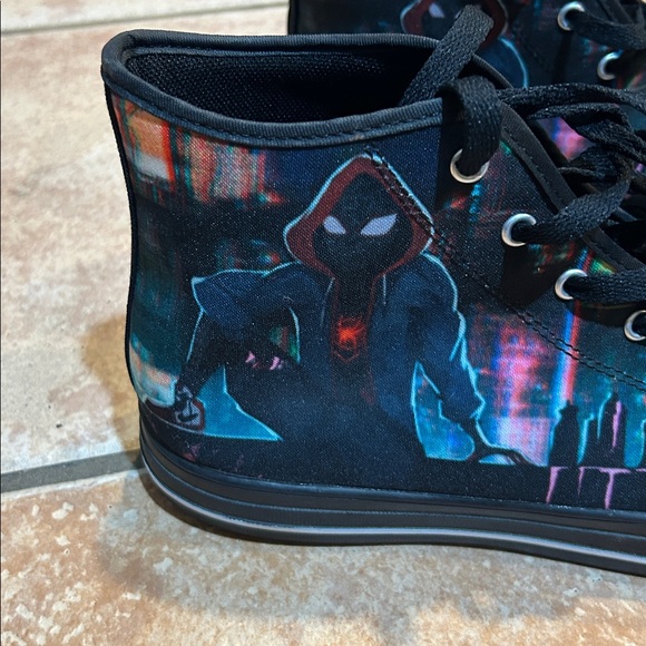 Miles Morales Custom Black High-Top Sneakers with Graphic Design, Size 12, EUC - Picture 2 of 13